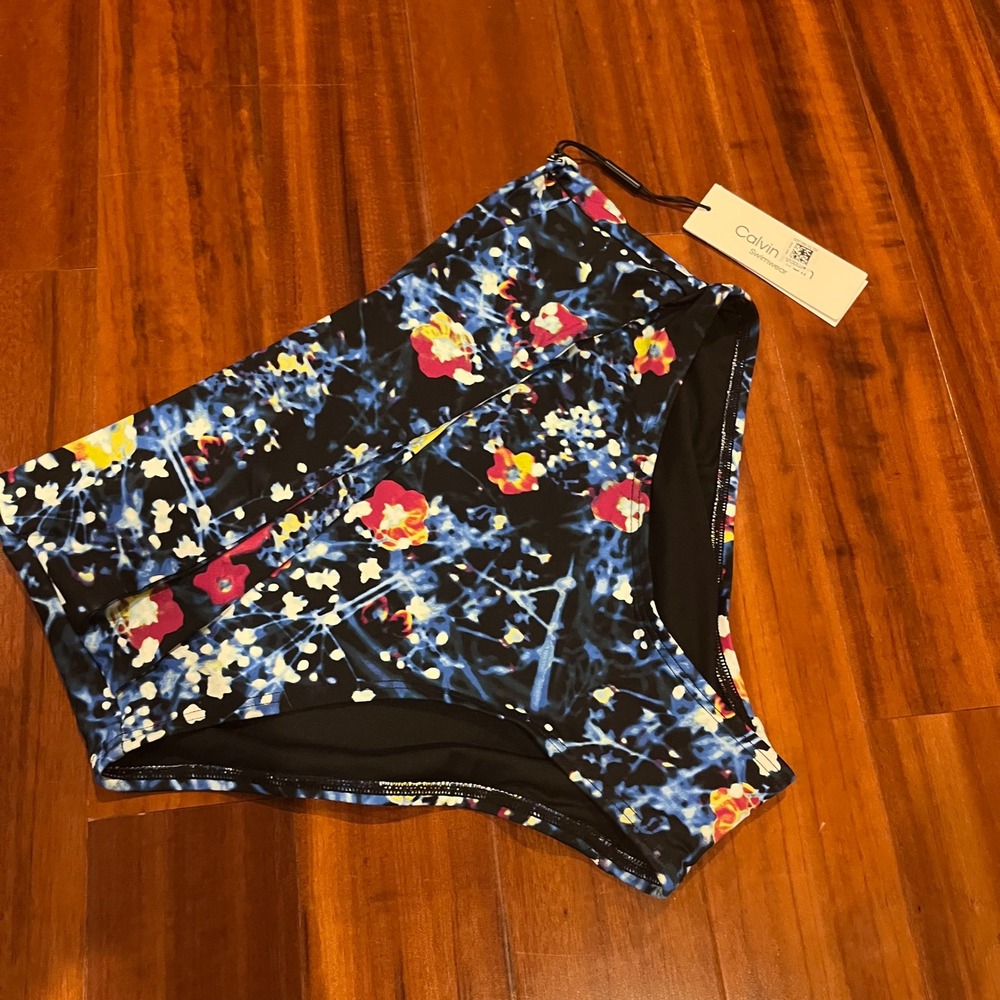 Calvin Klein Bikini Bottom Swim Blue Floral Print High Waist New NWT Size Medium